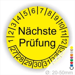 Wartungsplakette, Prüfetiketten rund, Farbe- gelb, Text "Nächste Prüfung" in schwarz. Startjahr- 27, Monatszahlen Oben und Jahreszahlen Unten in Kreisform.