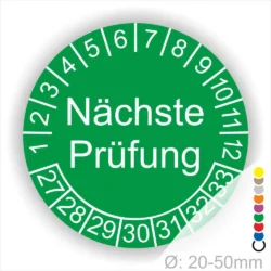 Prüfplaketten, Prüfetiketten rund, Farbe- grün, Text "Nächste Prüfung" in weiß. Startjahr- 27, Monatszahlen Oben und Jahreszahlen Unten in Kreisform.