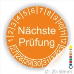 Prüfplaketten, Prüfetiketten rund, Farbe- orange, Text "Nächste Prüfung" in weiß. Startjahr- 27, Monatszahlen Oben und Jahreszahlen Unten in Kreisform.