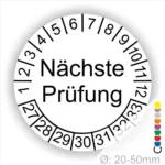 Wartungsplakette, Prüfetiketten rund, Farbe- weiss, Text "Nächste Prüfung" in schwarz. Startjahr- 27, Monatszahlen Oben und Jahreszahlen Unten in Kreisform.