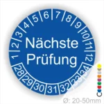 Wartungsaufkleber, Prüfetiketten rund, Farbe- blau, Text "Nächste Prüfung" in weiß. Startjahr- 28, Monatszahlen Oben und Jahreszahlen Unten in Kreisform.