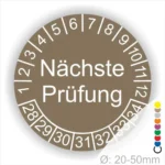 Wartungsaufkleber, Prüfetiketten rund, Farbe- braun, Text "Nächste Prüfung" in weiß. Startjahr- 28, Monatszahlen Oben und Jahreszahlen Unten in Kreisform.