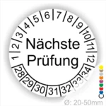 Wartungsplakette, Prüfetiketten rund, Farbe- weiss, Text "Nächste Prüfung" in schwarz. Startjahr- 28, Monatszahlen Oben und Jahreszahlen Unten in Kreisform.