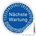 Prüfplaketten, Prüfetiketten rund, Farbe- Blau, Text "Nächste Wartung" in Weiß. Startjahr- 25, Monatszahlen Oben und Jahreszahlen Unten in Kreisform.