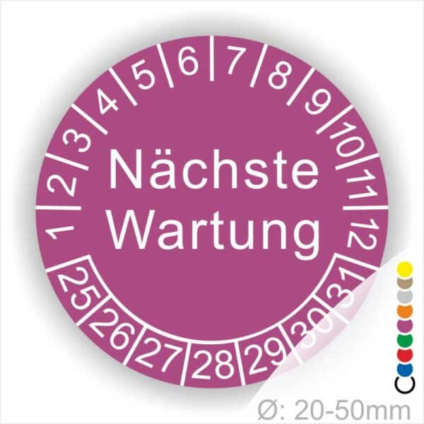 Prüfplaketten, Prüfetiketten rund, Farbe- Lila, Text "Nächste Wartung" in Weiß. Startjahr- 25, Monatszahlen Oben und Jahreszahlen Unten in Kreisform.