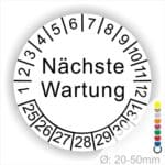 Prüfplaketten, Prüfetiketten rund, Farbe- Weiß, Text "Nächste Wartung" in Schwarz. Startjahr- 25, Monatszahlen Oben und Jahreszahlen Unten in Kreisform.