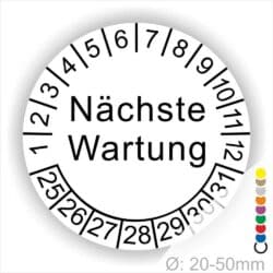 Prüfplaketten, Prüfetiketten rund, Farbe- Weiß, Text "Nächste Wartung" in Schwarz. Startjahr- 25, Monatszahlen Oben und Jahreszahlen Unten in Kreisform.