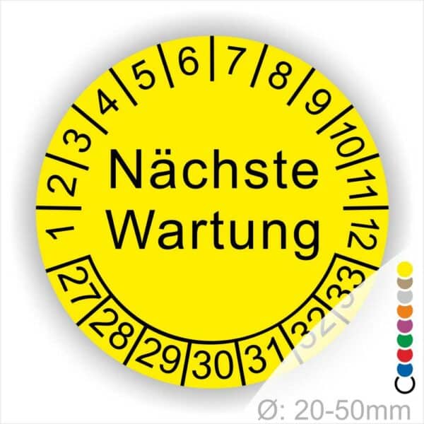 Prüfplaketten, Prüfetiketten rund, Farbe- Gelb, Text "Nächste Wartung" in Schwarz. Startjahr- 27, Monatszahlen Oben und Jahreszahlen Unten in Kreisform.