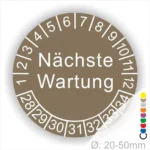 Runder Wartungsaufkleber mit der Aufschrift "Nächste Wartung" und nummerierten Markierungen von 1 bis 34. Geeignet für Geräte mit einem Durchmesser von 20-50 mm.