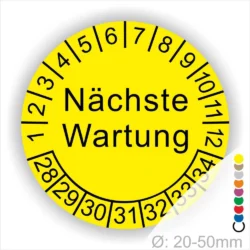 Prüfplaketten, Prüfetiketten rund, Farbe- Gelb, Text "Nächste Wartung" in Schwarz. Startjahr- 28, Monatszahlen Oben und Jahreszahlen Unten in Kreisform.
