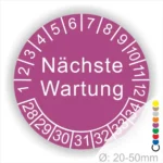 Prüfplaketten, Prüfetiketten rund, Farbe- lila, Text "Nächste Wartung" in weiß. Startjahr- 28, Monatszahlen Oben und Jahreszahlen Unten in Kreisform.