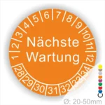 Prüfplaketten, Prüfetiketten rund, Farbe- orange, Text "Nächste Wartung" in weiß. Startjahr- 28, Monatszahlen Oben und Jahreszahlen Unten in Kreisform.