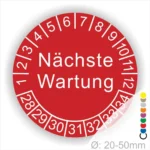 Prüfplaketten, Prüfetiketten rund, Farbe- rot, Text "Nächste Wartung" in weiß. Startjahr- 28, Monatszahlen Oben und Jahreszahlen Unten in Kreisform.
