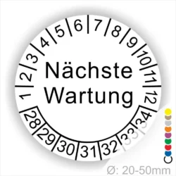 Prüfplaketten, Prüfetiketten rund, Farbe- weiß, Text "Nächste Wartung" in Schwarz. Startjahr- 28, Monatszahlen Oben und Jahreszahlen Unten in Kreisform.