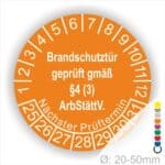 Prüfplakette Brandschutztür geprüft gemäß §4 (3) ArbStättV. Startjahr- 25, Farbe- Orange