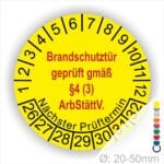 Prüfplakette Brandschutztür geprüft gemäß §4 (3) ArbStättV. Startjahr- 26, Farbe- Gelb