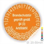 Prüfplakette Brandschutztür geprüft gemäß §4 (3) ArbStättV. Startjahr- 26, Farbe- Orange