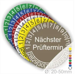 Farbenfrohe Prüfscheiben mit dem Hinweis "Nächster Prüftermin" für Durchmesser 20-50 mm, ideal zur farbcodierten Kennzeichnung von Prüfintervallen.