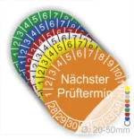 Farbenfrohe Prüfplaketten mit dem Text „Nächster Prüftermin“ und nummerierten Kreisen zur Kennzeichnung von Prüfintervallen, geeignet für Durchmesser von 20-50 mm. Ideal für die Überwachung von Sicherheitsprüfungen.