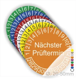 Farbenfrohe Prüfplaketten mit dem Text „Nächster Prüftermin“ und nummerierten Kreisen zur Kennzeichnung von Prüfintervallen, geeignet für Durchmesser von 20-50 mm. Ideal für die Überwachung von Sicherheitsprüfungen.