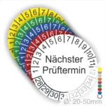 Farbcodierte Prüfräder mit der Aufschrift "Nächster Prüftermin" zur Kennzeichnung von Prüfterminen für Objekte mit einem Durchmesser von 20-50 mm.