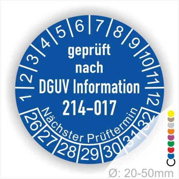 Prüfaufkleber, Prüfsiegel DGUV Information 214-017 Prüfung für Sicherer Einsatz von Abroll- und Abgleitkippern Starjahr- 26, Farbe-Blau