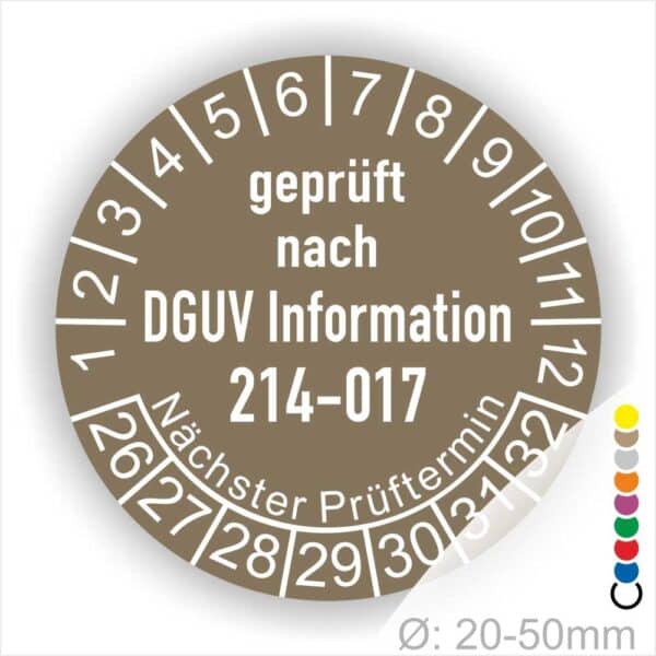 Wartungsplakette DGUV Information 214-017 Prüfung für Sicherer Einsatz von Abroll- und Abgleitkippern Starjahr- 26, Farbe- Braun