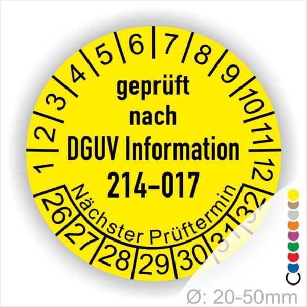 Prüfplakette DGUV Information 214-017 Prüfung für Sicherer Einsatz von Abroll- und Abgleitkippern Starjahr- 26, Farbe- Gelb