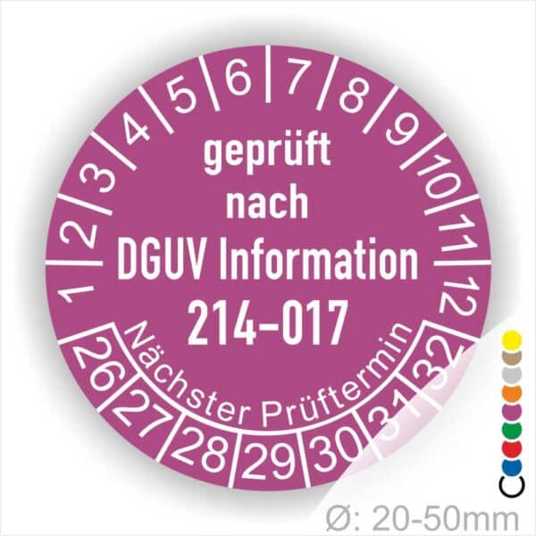 Prüfsiegel DGUV Information 214-017 Prüfung für Sicherer Einsatz von Abroll- und Abgleitkippern Starjahr- 26, Farbe- Lila