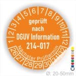 Prüfaufkleber DGUV Information 214-017 Prüfung für Sicherer Einsatz von Abroll- und Abgleitkippern Starjahr- 26, Farbe- Orange