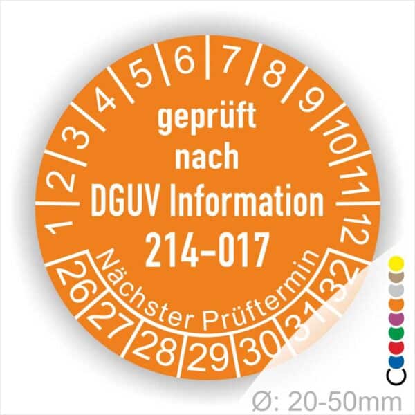 Prüfaufkleber DGUV Information 214-017 Prüfung für Sicherer Einsatz von Abroll- und Abgleitkippern Starjahr- 26, Farbe- Orange