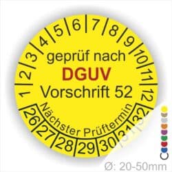 Prüfplakette rund mit Text geprüft nach Dguv Vorschrift 68 danach Nächster Prüftermin. Plaketten Farbe- Gelb und Text in Schwarz . Monatszahlen oben und Jahreszahlen unten beginnend mit Startjahr- 26