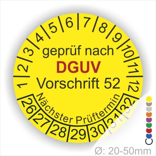 Prüfplakette rund mit Text geprüft nach Dguv Vorschrift 68 danach Nächster Prüftermin. Plaketten Farbe- Gelb und Text in Schwarz . Monatszahlen oben und Jahreszahlen unten beginnend mit Startjahr- 26
