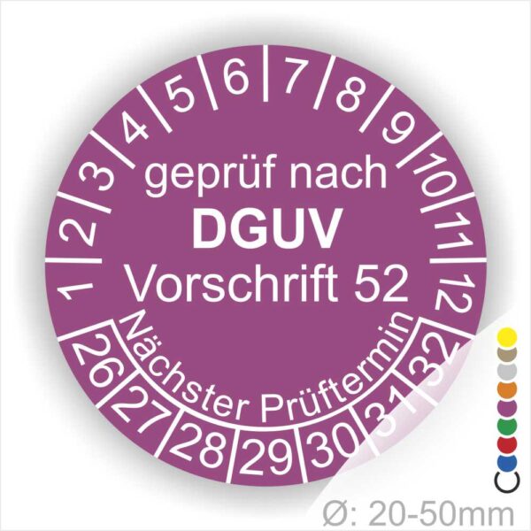 Prüfplakette, Prüfetikette DGUV Vorschrift 52 Prüfung Krane in Lila