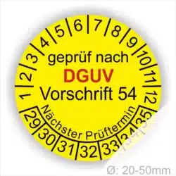 Gelbes Prüfetikett gemäß DGUV Vorschrift 54 mit Angaben zu Prüfnumer und nächsten Prüfterminen. Durchmesser 20-50 mm.