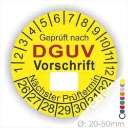 Prüfplakette -Dguv Vorschrit- Text mit Leer Feld zum Beschriften. Prüfaufkleber in Farbe- Gelb, Schriftzug Außen am Prüfaufkleber- Rand sind Monatszahlen und Jahreszahlen Startjahr- 26