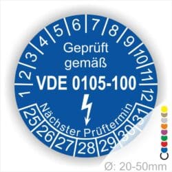 Prüfplaketten rund, Text "geprüft gemäß VDE 0105-100" Farbe- Blau Startjahr- 25 mit Elektro Pfeil, Monatszahlen Oben und Jahreszahlen Unten