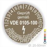 Prüfplaketten rund, Text "geprüft gemäß VDE 0105-100" Farbe- Braun Startjahr- 25 mit Elektro Pfeil, Monatszahlen Oben und Jahreszahlen Unten
