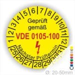 Prüfplaketten rund, Text "geprüft gemäß VDE 0105-100" Farbe- Gelb Startjahr- 25 mit Elektro Pfeil, Monatszahlen Oben und Jahreszahlen Unten