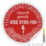Prüfplaketten rund, Text "geprüft gemäß VDE 0105-100" Farbe- Rot Startjahr- 25 mit Elektro Pfeil, Monatszahlen Oben und Jahreszahlen Unten