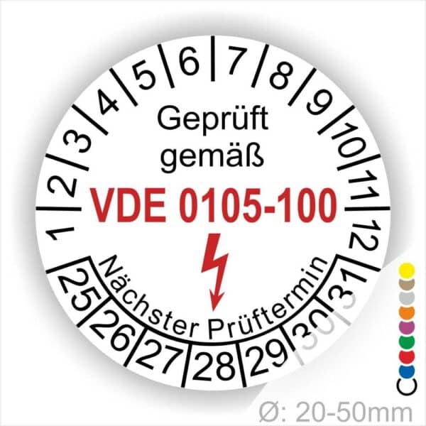 Prüfplaketten rund, Text "geprüft gemäß VDE 0105-100" Farbe- Weiß Startjahr- 25 mit Elektro Pfeil, Monatszahlen Oben und Jahreszahlen Unten
