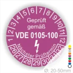VDE Prüfplakette mit der Aufschrift "Geprüft gemäß VDE 0105-100", zeigt den nächsten Prüftermin und ist für Kabel mit einem Durchmesser von 20-50 mm geeignet.