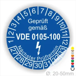 Prüfsiegel gemäß VDE 0105-100, blaues rundes Etikett mit Prüfziffern und nächstem Prüftermin, für Geräte mit Durchmesser von 20-50 mm.