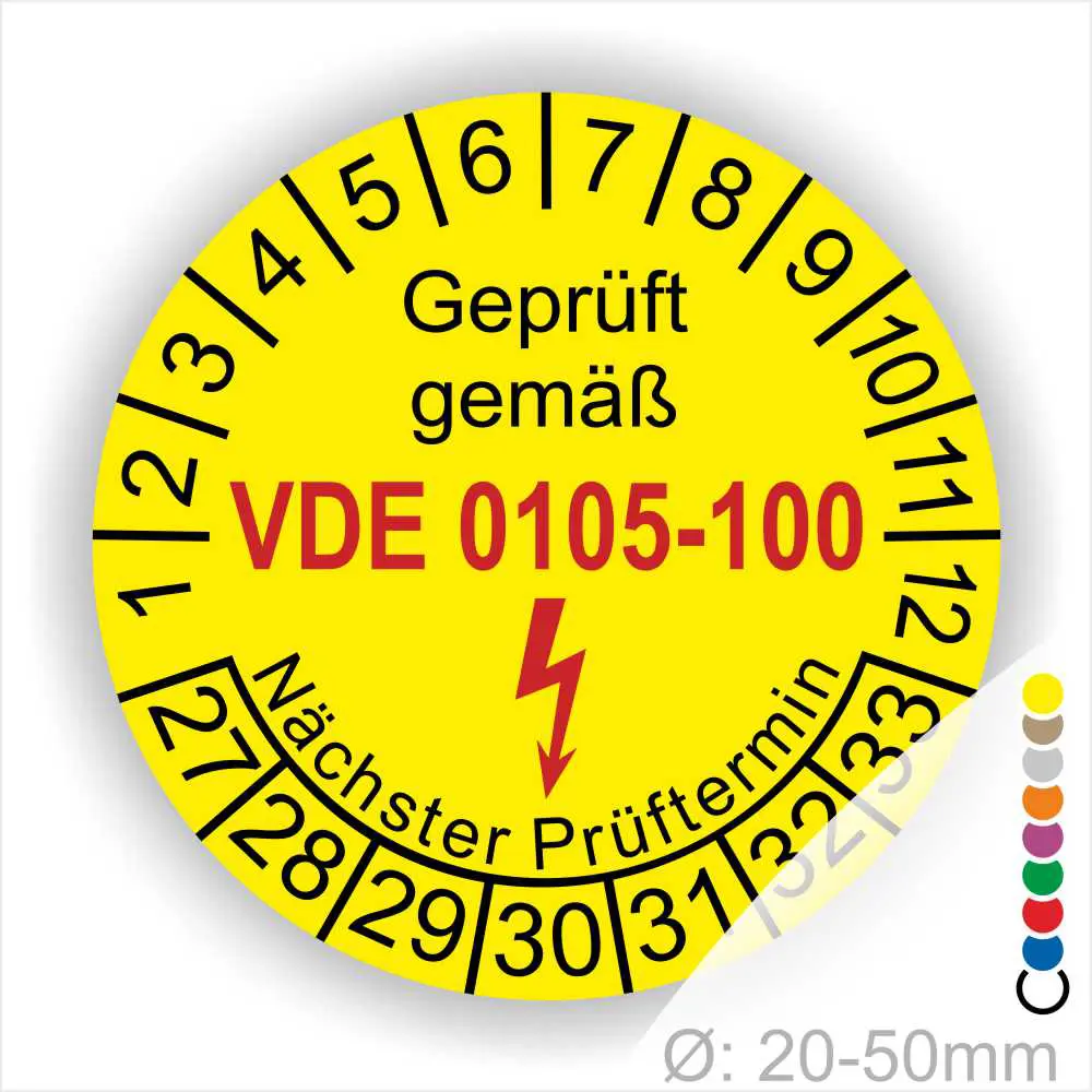 DIN VDE 0105-100 Prüfplakette gelb – Monats- und Jahresring Runde gelbe Prüfplakette „Geprüft gemäß DIN VDE 0105-100“ mit Monatsring und Jahresring, Blitzsymbol und Aufdruck „Nächster Prüftermin“, Ø 20–50 mm