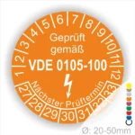 Prüfsiegel gemäß VDE 0105-100 mit Angaben zum nächsten Prüftermin, geeignet für Geräte mit einem Durchmesser von 20-50 mm.