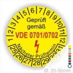 Pruefplakette VDE Prüfung 0701-0702 Farbe- Gelb mit Elektro Pfeil und Monats und Jahreszahlen Startjahr- 25