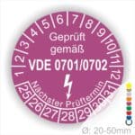 Pruefplakette VDE Prüfung 0701-0702 Farbe- Lila mit Elektro Pfeil und Monats und Jahreszahlen Startjahr- 25