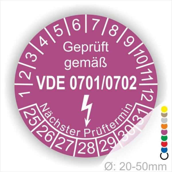 Pruefplakette VDE Prüfung 0701-0702 Farbe- Lila mit Elektro Pfeil und Monats und Jahreszahlen Startjahr- 25