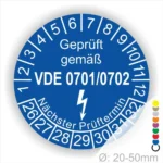 VDE 0701 0702 Prüfplakette blau rund mit Monatsanzeige und Jahresring zur Kennzeichnung des nächsten Prüftermins elektrischer Betriebsmittel – selbstklebender Prüfaufkleber Ø 20–50 mm