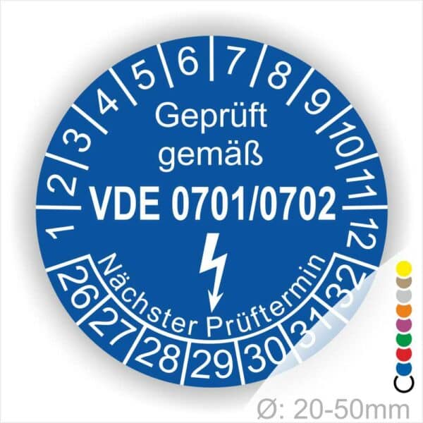 Pruefplaketten-vde-0701-0702 Farbe- Blau Startjahr- 26 mit Elektro Pfeil und Monats und Jahreszahlen